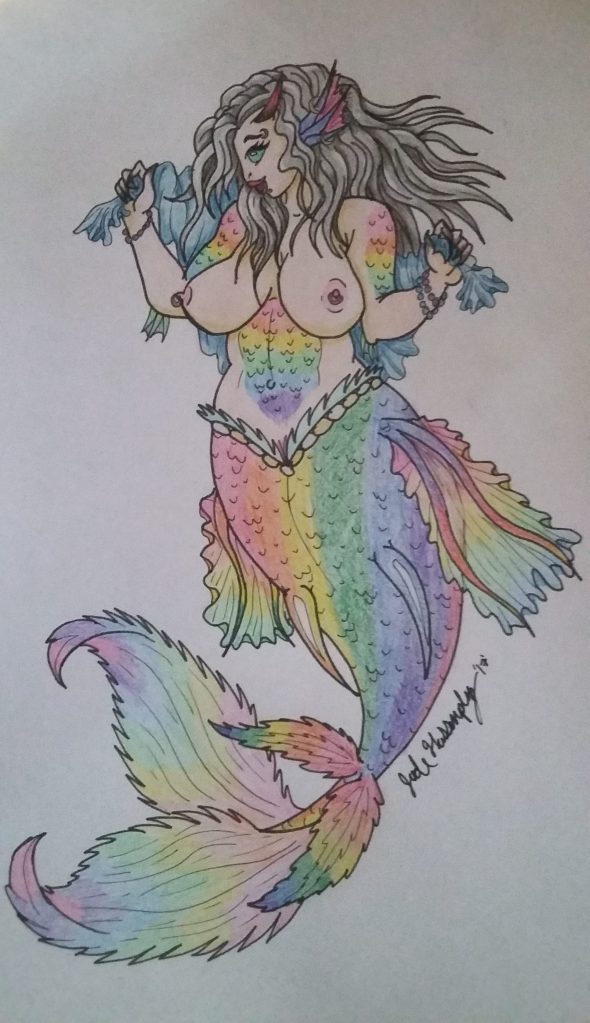 Rainbow plus sized mermaid. Pen on paper, with colored pencils. 