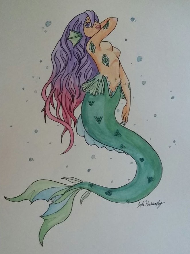 Watercolor mermaid on watercolor paper. 