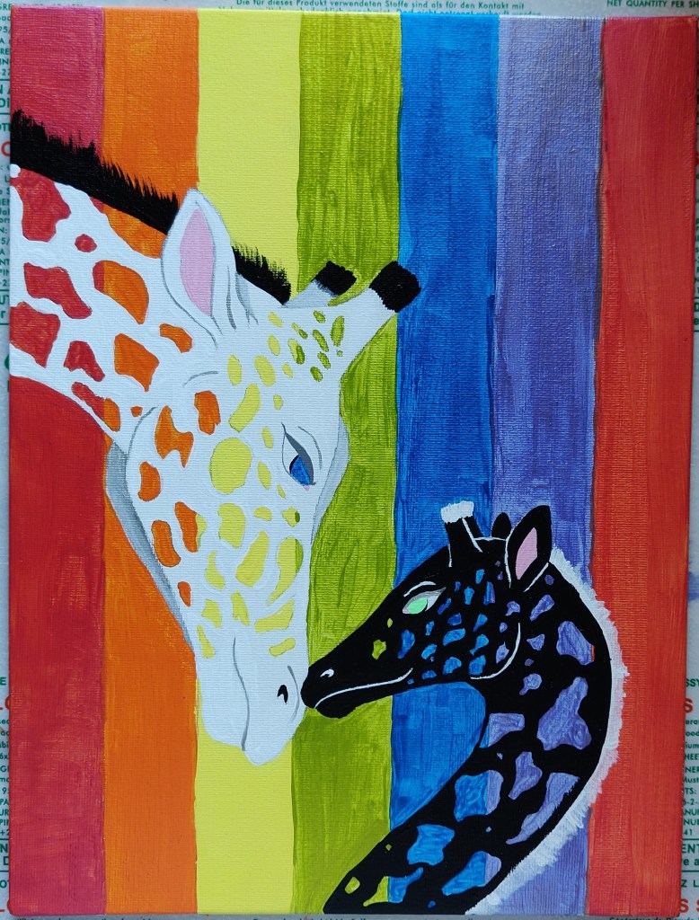 Mother and baby giraffes. Acrylic paint on canvas- made this for a friend's birthday. 